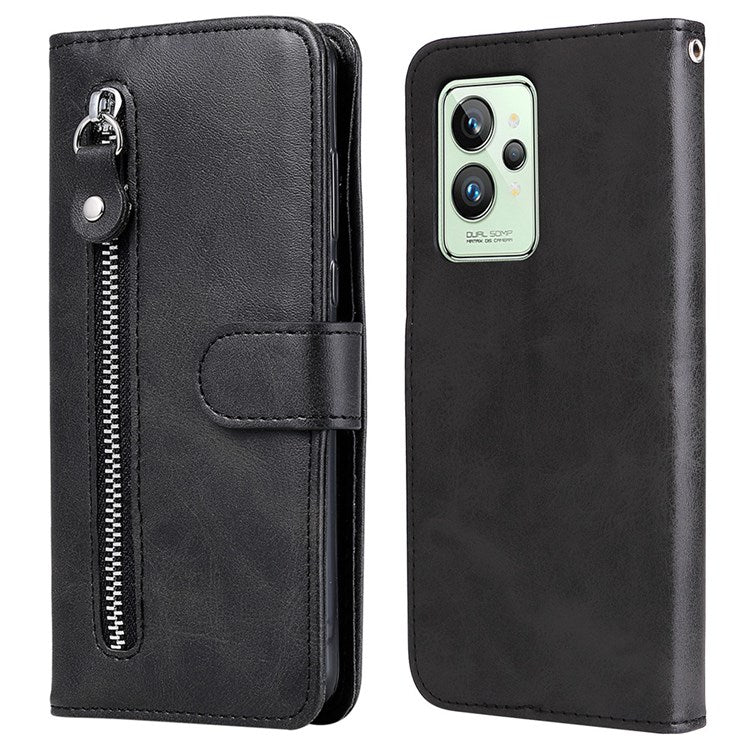 For Realme GT2 Pro PU Leather Zipper Flip Folio Wallet Case Magnetic Closure Stand Protective Cover - Black