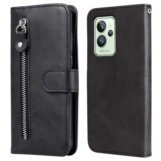 For Realme GT2 Pro PU Leather Zipper Flip Folio Wallet Case Magnetic Closure Stand Protective Cover - Black