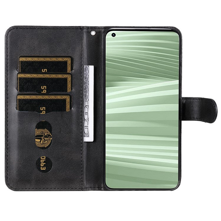 For Realme GT2 Pro PU Leather Zipper Flip Folio Wallet Case Magnetic Closure Stand Protective Cover - Black