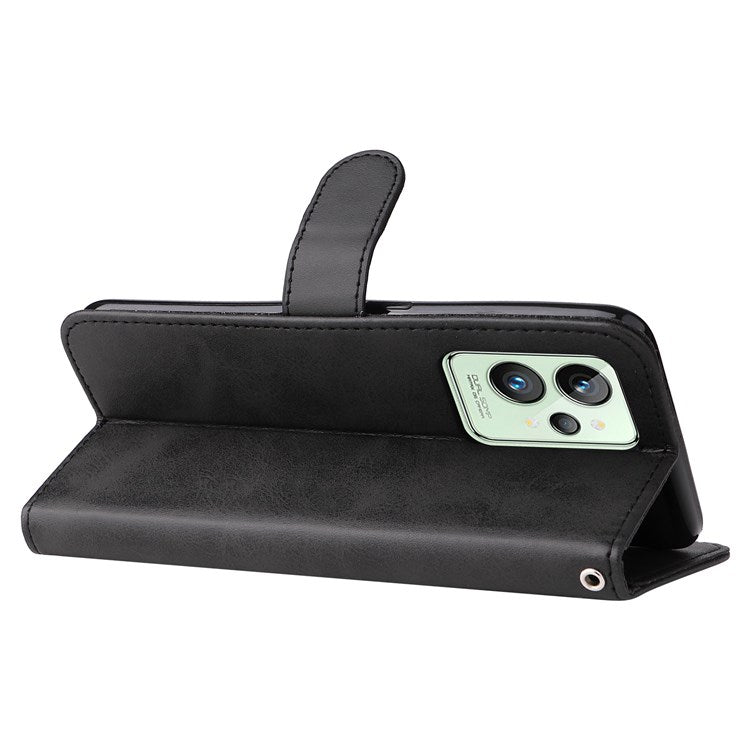 For Realme GT2 Pro PU Leather Zipper Flip Folio Wallet Case Magnetic Closure Stand Protective Cover - Black