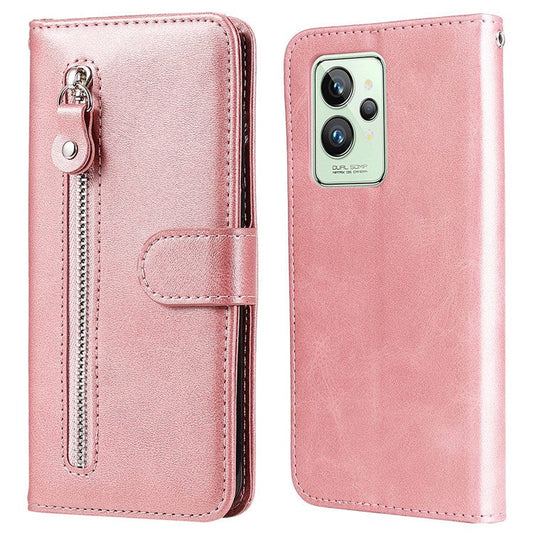 For Realme GT2 Pro PU Leather Zipper Flip Folio Wallet Case Magnetic Closure Stand Protective Cover - Rose Gold