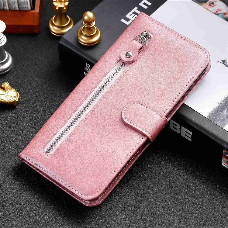 For Realme GT2 Pro PU Leather Zipper Flip Folio Wallet Case Magnetic Closure Stand Protective Cover - Rose Gold