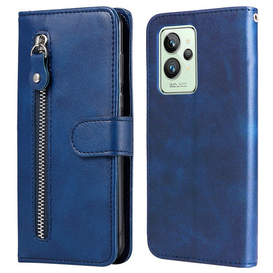 For Realme GT2 Pro PU Leather Zipper Flip Folio Wallet Case Magnetic Closure Stand Protective Cover - Blue