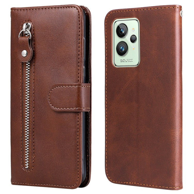 For Realme GT2 Pro PU Leather Zipper Flip Folio Wallet Case Magnetic Closure Stand Protective Cover - Brown
