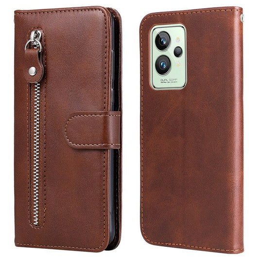 For Realme GT2 Pro PU Leather Zipper Flip Folio Wallet Case Magnetic Closure Stand Protective Cover - Brown