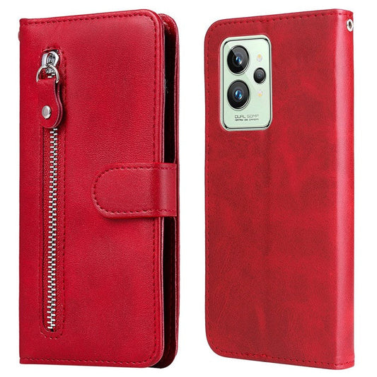 For Realme GT2 Pro PU Leather Zipper Flip Folio Wallet Case Magnetic Closure Stand Protective Cover - Red