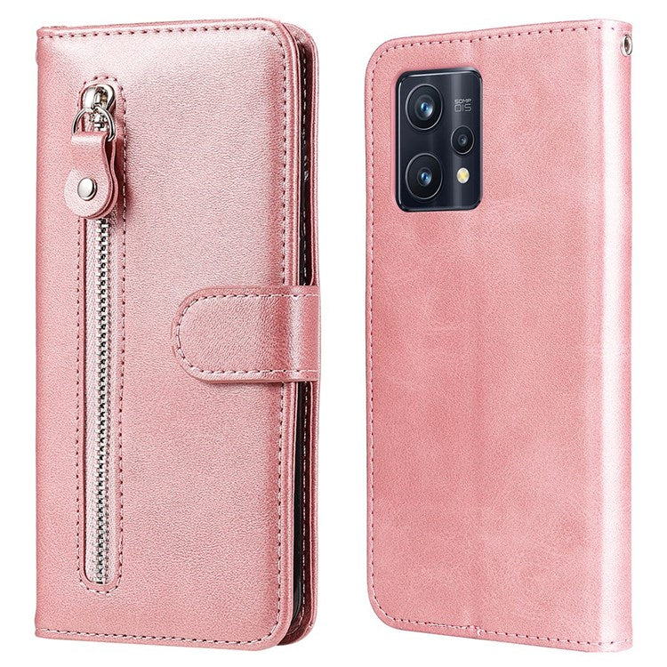 For Realme 9 Pro+ Stand Feature PU Leather Case Magnetic Clasp Zipper Pocket Shockproof Flip Wallet Cover - Rose Gold