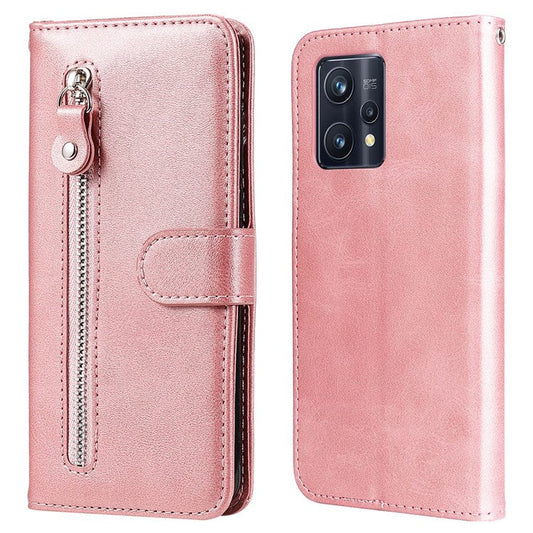For Realme 9 Pro+ Stand Feature PU Leather Case Magnetic Clasp Zipper Pocket Shockproof Flip Wallet Cover - Rose Gold