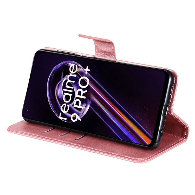 For Realme 9 Pro+ Stand Feature PU Leather Case Magnetic Clasp Zipper Pocket Shockproof Flip Wallet Cover - Rose Gold