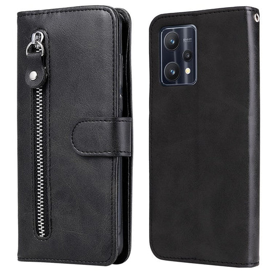 For Realme 9 Pro 5G / 9 5G / V25 Wallet Case PU Leather Magnetic Flip Zipper Stand Protective Phone Cover - Black