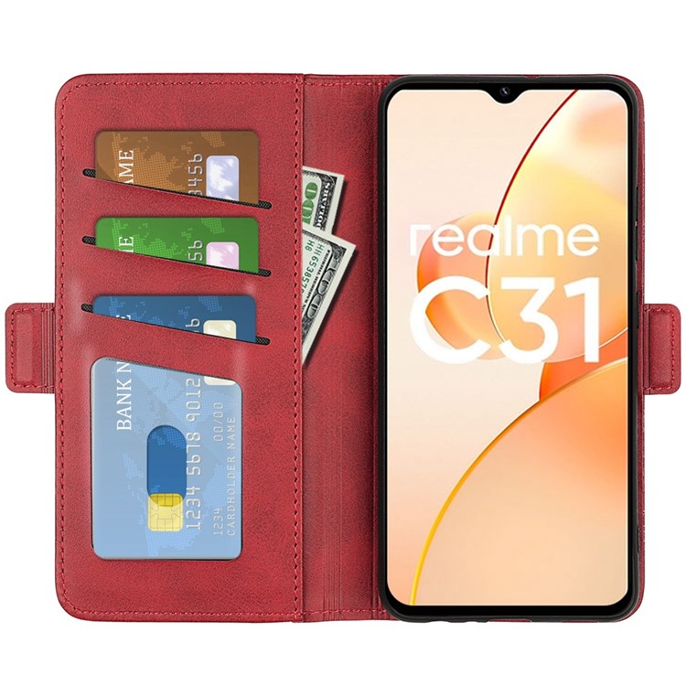 For Realme C31 4G Textured PU Leather Case Dual Magnetic Clasp Wallet Stand Shockproof Phone Case - Red