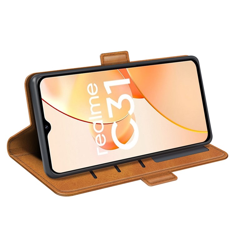 For Realme C31 4G Textured PU Leather Case Dual Magnetic Clasp Wallet Stand Shockproof Phone Case - Yellow