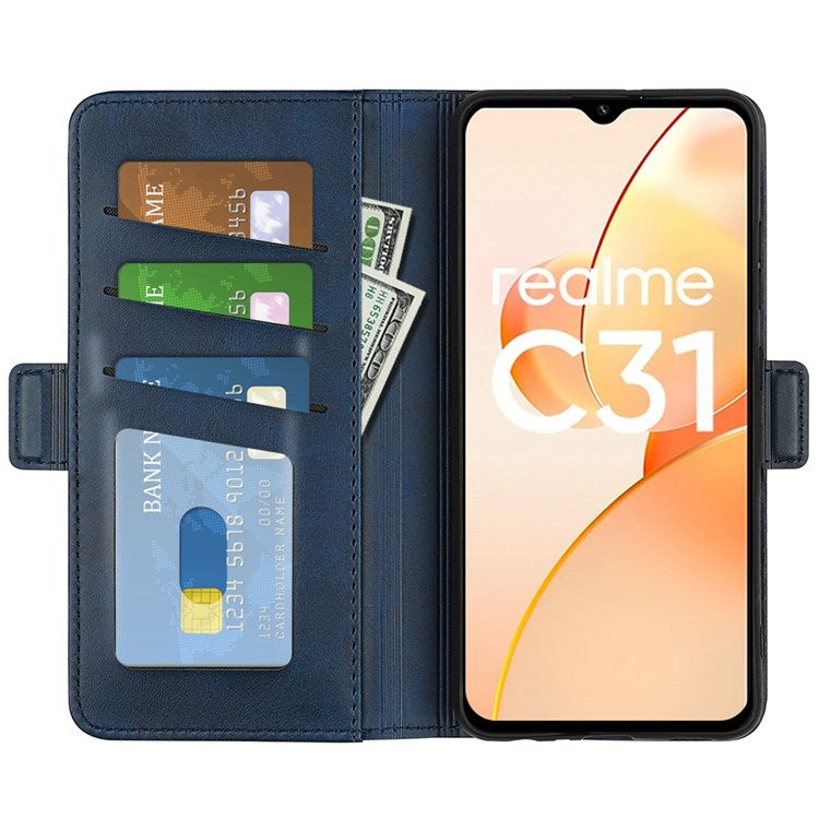 For Realme C31 4G Textured PU Leather Case Dual Magnetic Clasp Wallet Stand Shockproof Phone Case - Blue