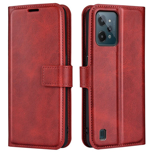 Textured PU Leather Stand Phone Case for Realme C31 4G, Square Magnetic Clasp Wallet Shell - Red