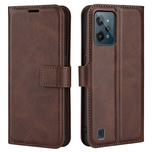 Textured PU Leather Stand Phone Case for Realme C31 4G, Square Magnetic Clasp Wallet Shell - Brown