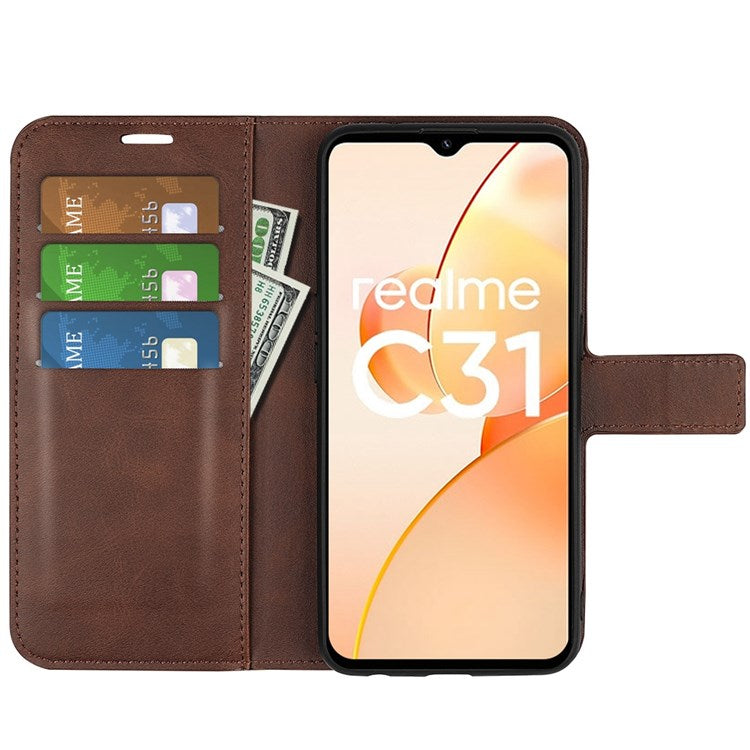 Textured PU Leather Stand Phone Case for Realme C31 4G, Square Magnetic Clasp Wallet Shell - Brown
