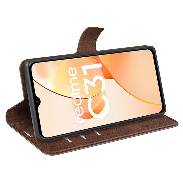 Textured PU Leather Stand Phone Case for Realme C31 4G, Square Magnetic Clasp Wallet Shell - Brown