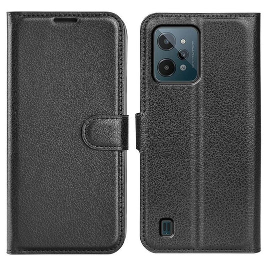 For Realme C31 4G Litchi Texture Stand Wallet Phone Cover PU Leather Case - Black