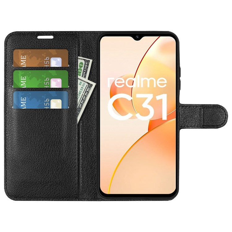 For Realme C31 4G Litchi Texture Stand Wallet Phone Cover PU Leather Case - Black
