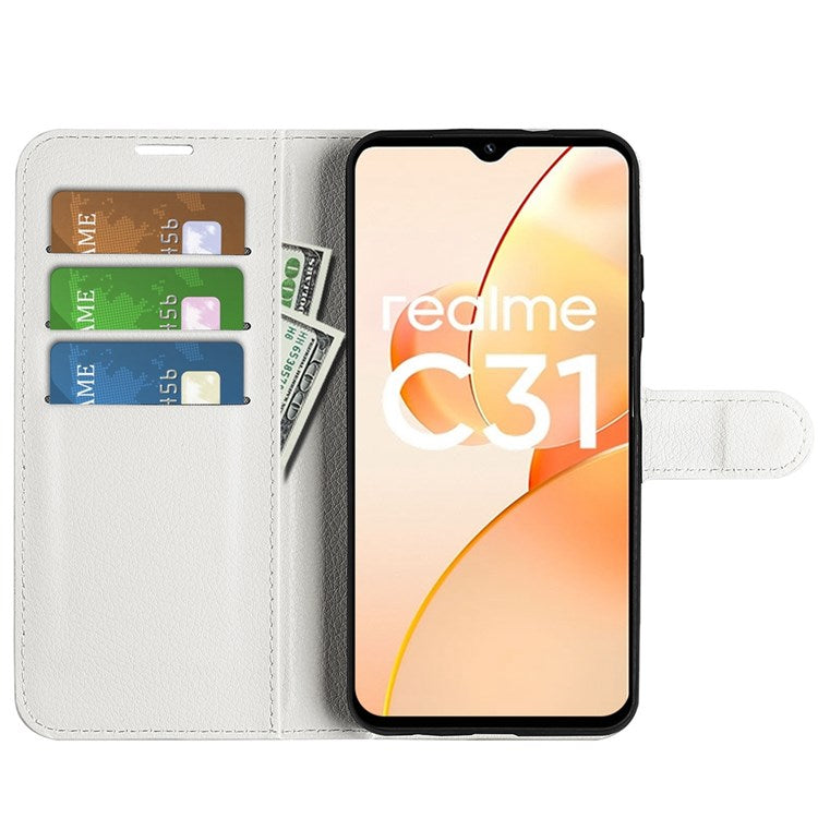 For Realme C31 4G Litchi Texture Stand Wallet Phone Cover PU Leather Case - White