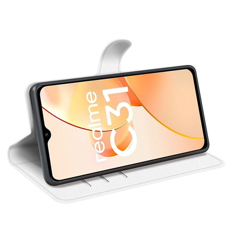 For Realme C31 4G Litchi Texture Stand Wallet Phone Cover PU Leather Case - White