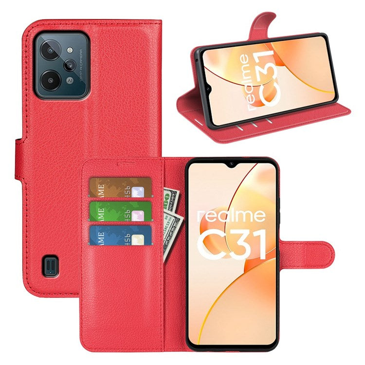For Realme C31 4G Litchi Texture Stand Wallet Phone Cover PU Leather Case - Red