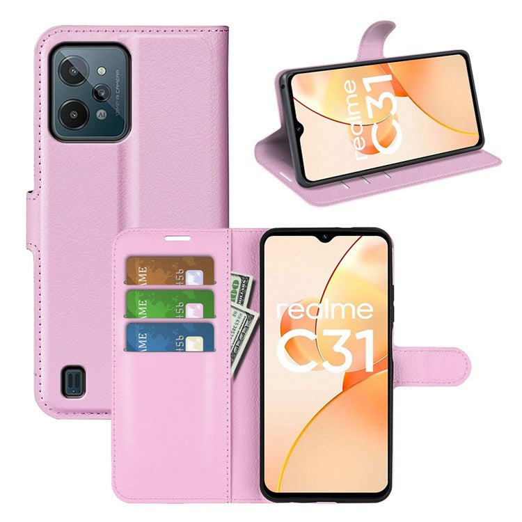 For Realme C31 4G Litchi Texture Stand Wallet Phone Cover PU Leather Case - Pink