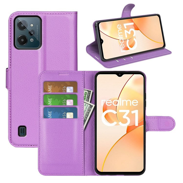 For Realme C31 4G Litchi Texture Stand Wallet Phone Cover PU Leather Case - Purple