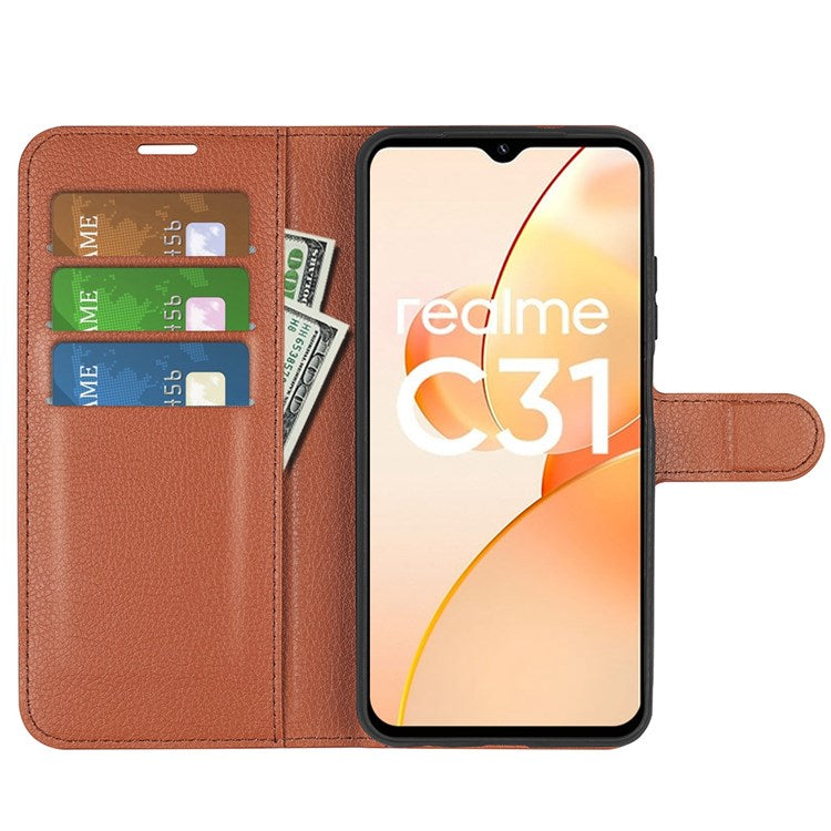For Realme C31 4G Litchi Texture Stand Wallet Phone Cover PU Leather Case - Brown