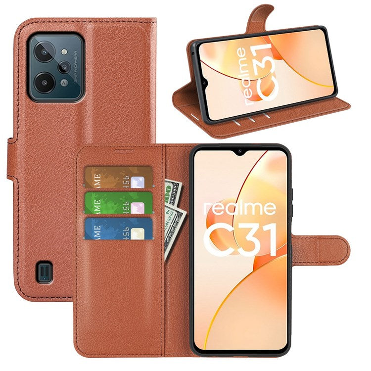 For Realme C31 4G Litchi Texture Stand Wallet Phone Cover PU Leather Case - Brown