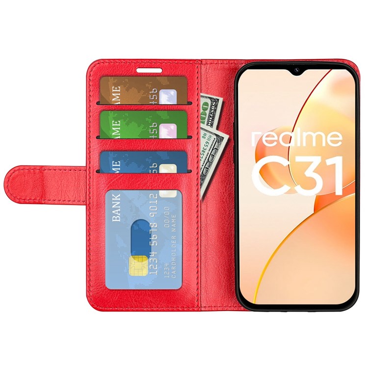 For Realme C31 4G Crazy Horse Texture Protective Cover PU Leather + TPU Wallet Stand Case - Red