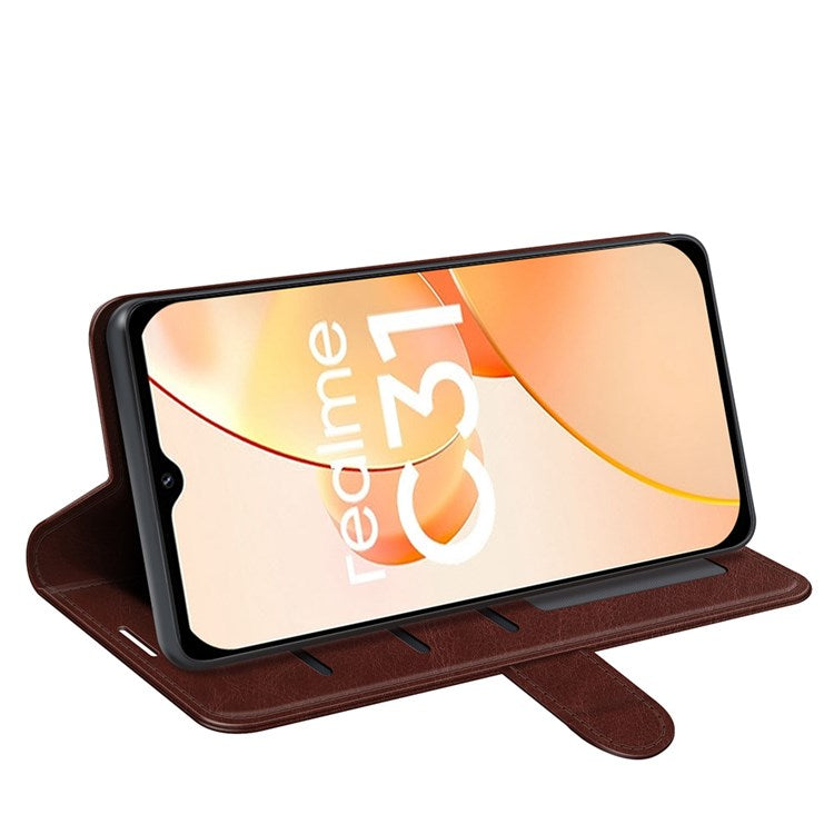 For Realme C31 4G Crazy Horse Texture Protective Cover PU Leather + TPU Wallet Stand Case - Brown