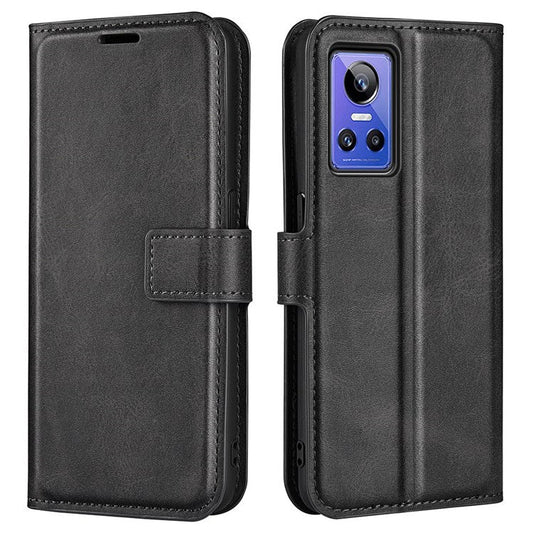 For Realme GT Neo3 Textured PU Leather Square Magnetic Clasp Cover Stand Wallet Phone Case - Black