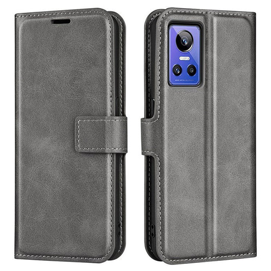 For Realme GT Neo3 Textured PU Leather Square Magnetic Clasp Cover Stand Wallet Phone Case - Grey