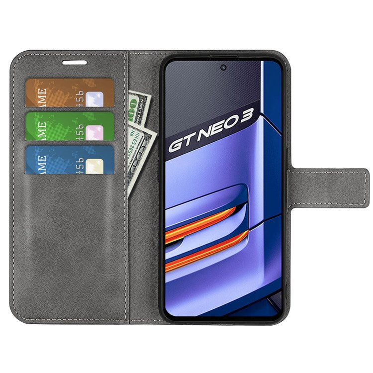 For Realme GT Neo3 Textured PU Leather Square Magnetic Clasp Cover Stand Wallet Phone Case - Grey