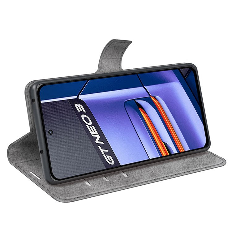 For Realme GT Neo3 Textured PU Leather Square Magnetic Clasp Cover Stand Wallet Phone Case - Grey