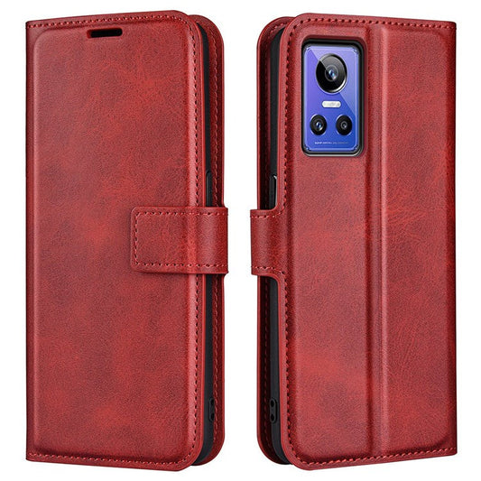 For Realme GT Neo3 Textured PU Leather Square Magnetic Clasp Cover Stand Wallet Phone Case - Red