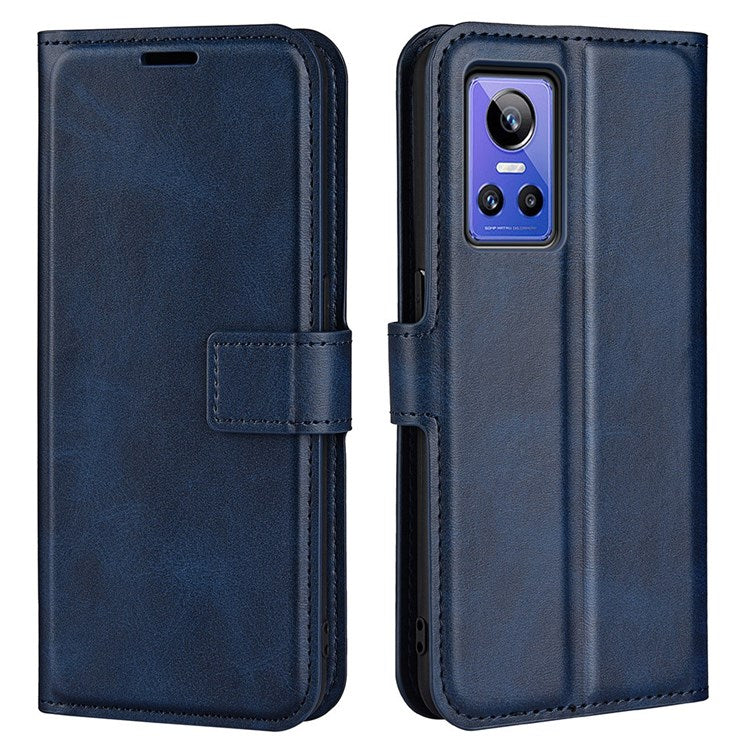 For Realme GT Neo3 Textured PU Leather Square Magnetic Clasp Cover Stand Wallet Phone Case - Blue