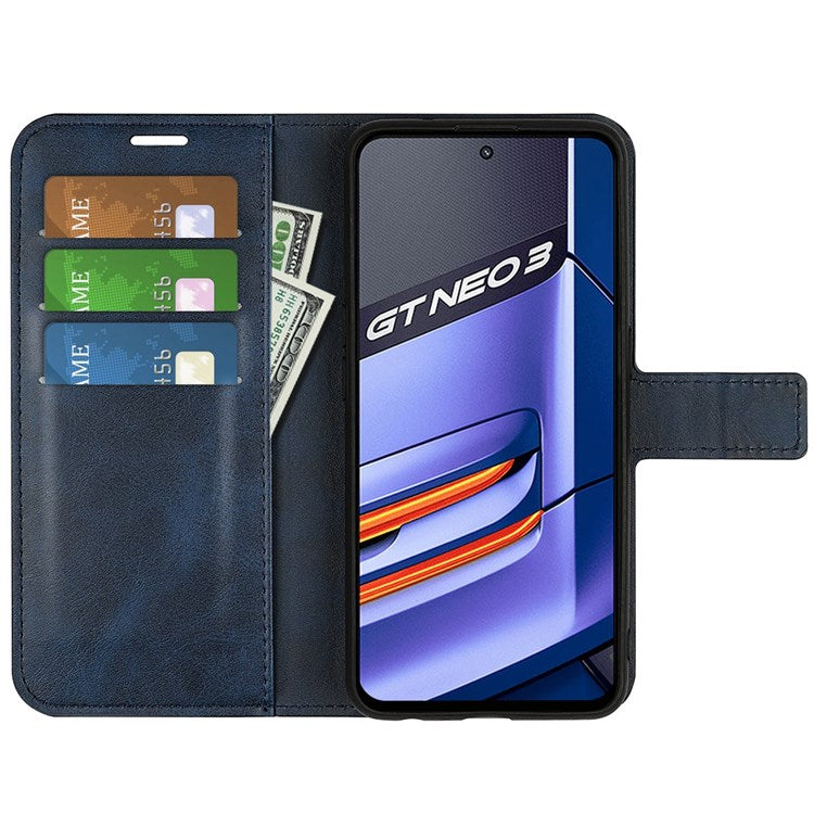 For Realme GT Neo3 Textured PU Leather Square Magnetic Clasp Cover Stand Wallet Phone Case - Blue