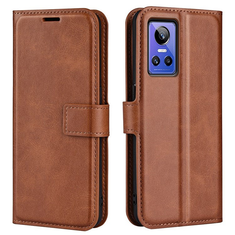 For Realme GT Neo3 Textured PU Leather Square Magnetic Clasp Cover Stand Wallet Phone Case - Light Brown