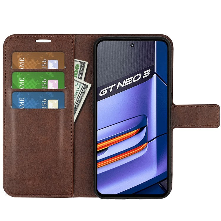 For Realme GT Neo3 Textured PU Leather Square Magnetic Clasp Cover Stand Wallet Phone Case - Brown