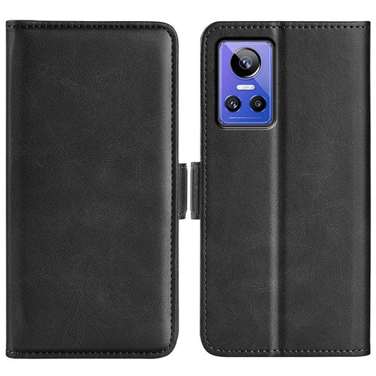 For Realme GT Neo3 Textured PU Leather Wallet Protective Cover Dual Magnetic Clasp Adjustable Stand Phone Case - Black