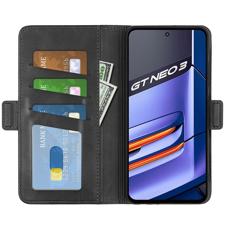 For Realme GT Neo3 Textured PU Leather Wallet Protective Cover Dual Magnetic Clasp Adjustable Stand Phone Case - Black