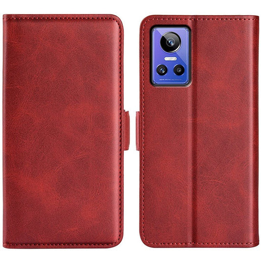 For Realme GT Neo3 Textured PU Leather Wallet Protective Cover Dual Magnetic Clasp Adjustable Stand Phone Case - Red