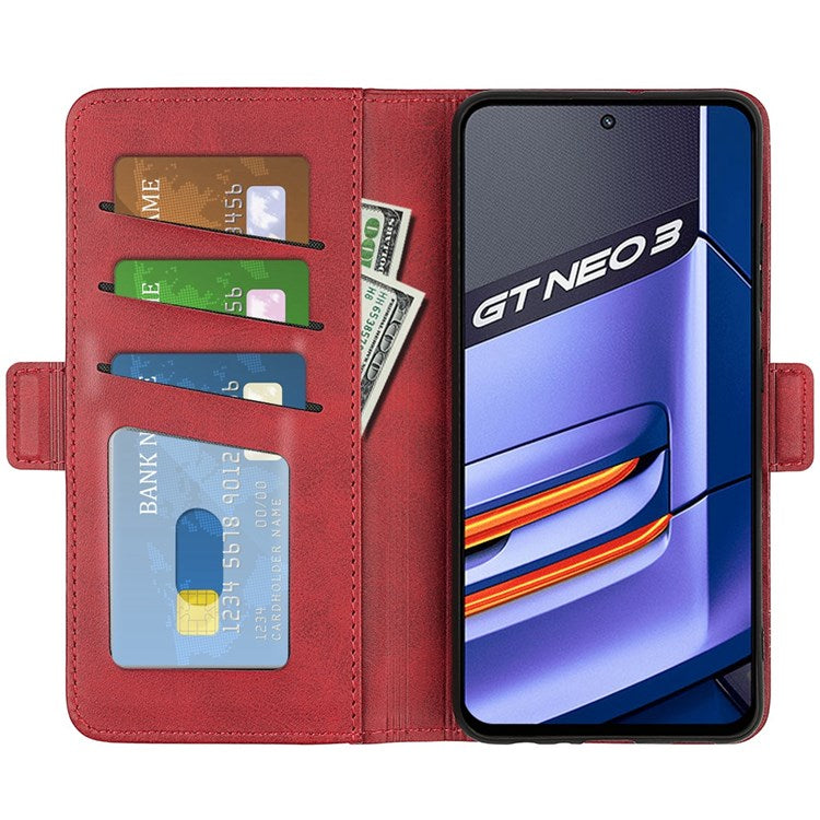 For Realme GT Neo3 Textured PU Leather Wallet Protective Cover Dual Magnetic Clasp Adjustable Stand Phone Case - Red