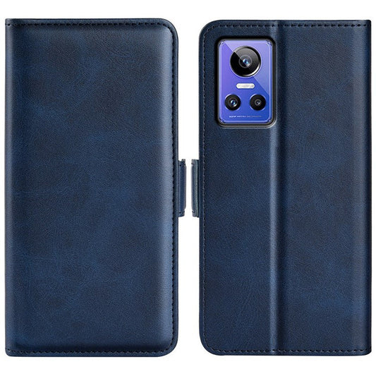 For Realme GT Neo3 Textured PU Leather Wallet Protective Cover Dual Magnetic Clasp Adjustable Stand Phone Case - Blue