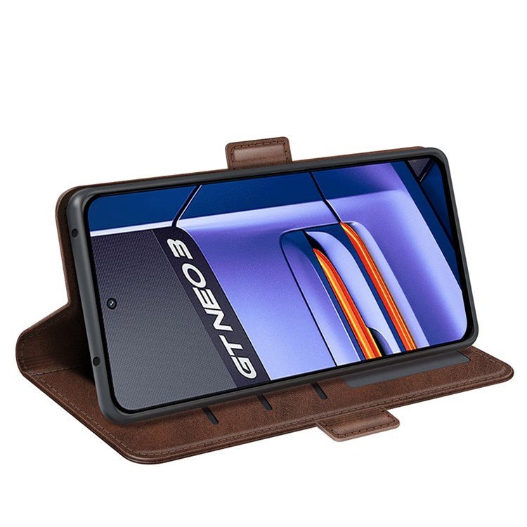 For Realme GT Neo3 Textured PU Leather Wallet Protective Cover Dual Magnetic Clasp Adjustable Stand Phone Case - Brown
