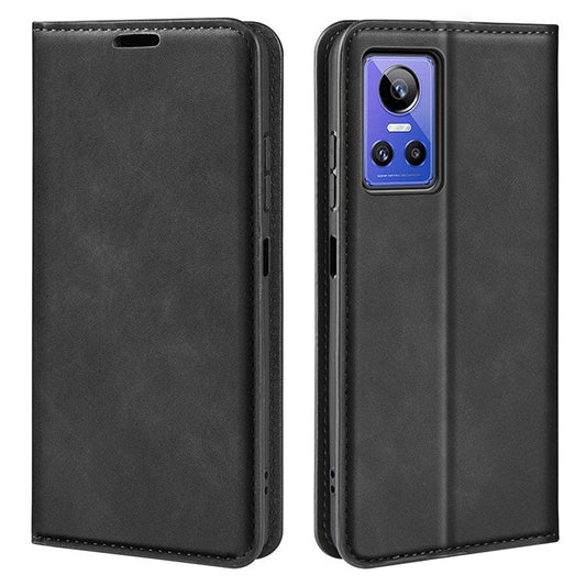 PU Leather Skin-touch Feeling Phone Case for Realme GT Neo3, Magnetic Auto-absorbed Wallet Stand Shell - Black