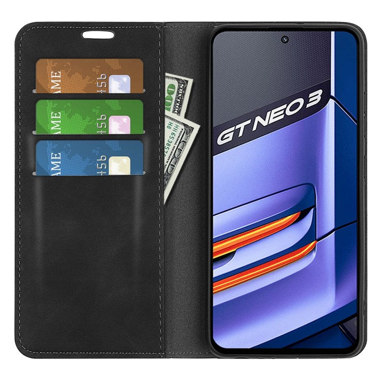 PU Leather Skin-touch Feeling Phone Case for Realme GT Neo3, Magnetic Auto-absorbed Wallet Stand Shell - Black