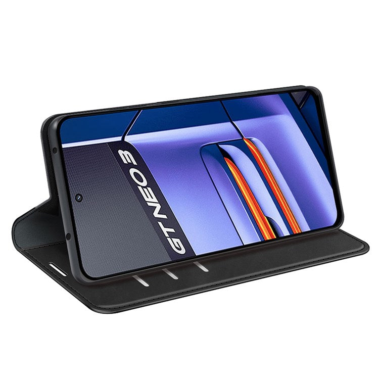 PU Leather Skin-touch Feeling Phone Case for Realme GT Neo3, Magnetic Auto-absorbed Wallet Stand Shell - Black